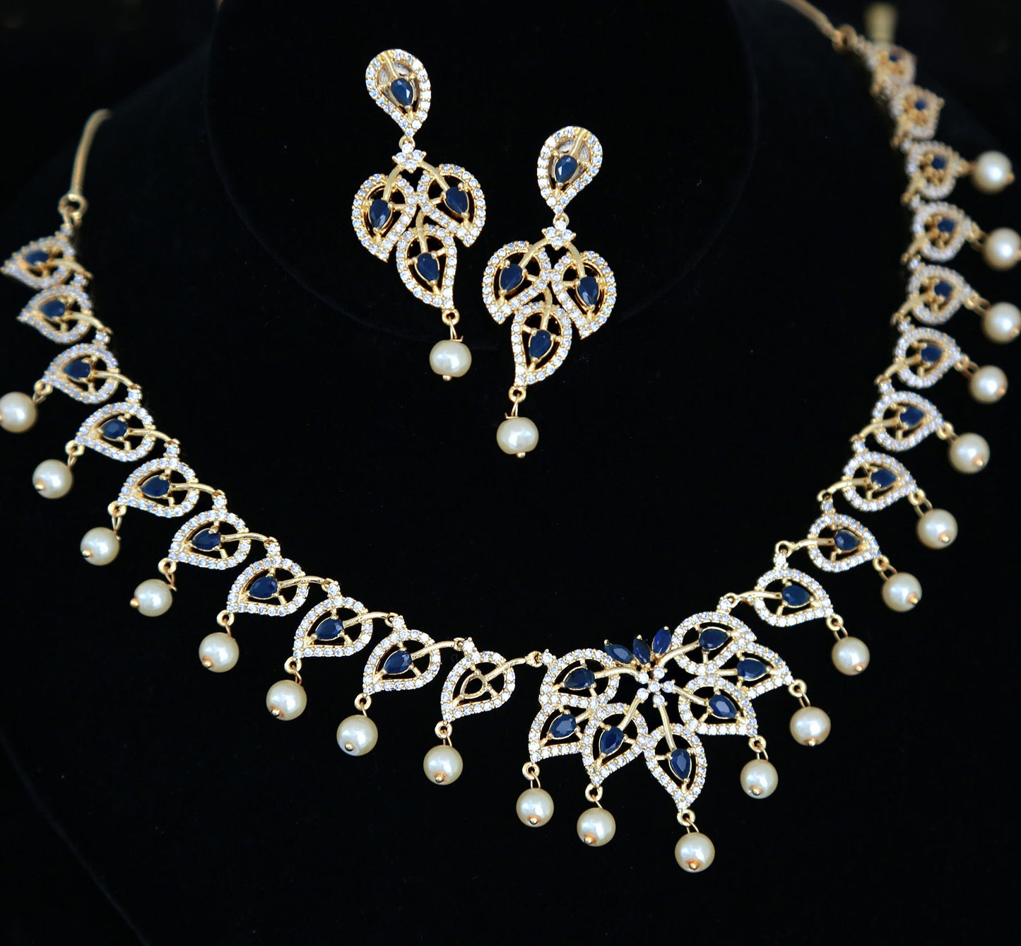 Gold-Plated American Diamond Necklace and Earrings Set with Ruby Accents and Pearls| CZ Diamond Topaz/Blue Sapphire Necklace| Gift for her