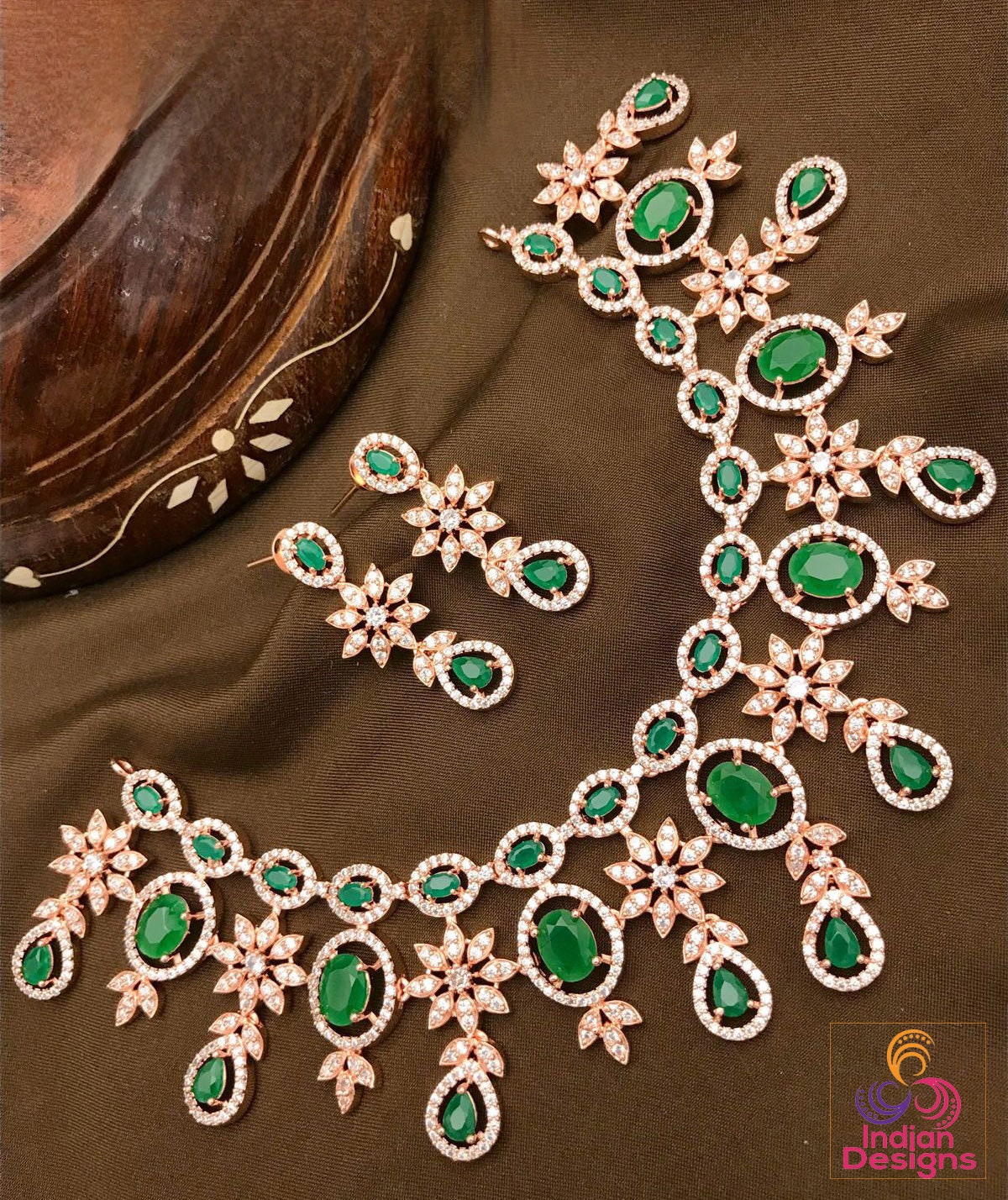 American Diamond Rose Gold Necklace Earrings Wedding Necklace set | Pink Cz Stone Indian Jewelry |Statement Necklace |Indian Designs Jewelry