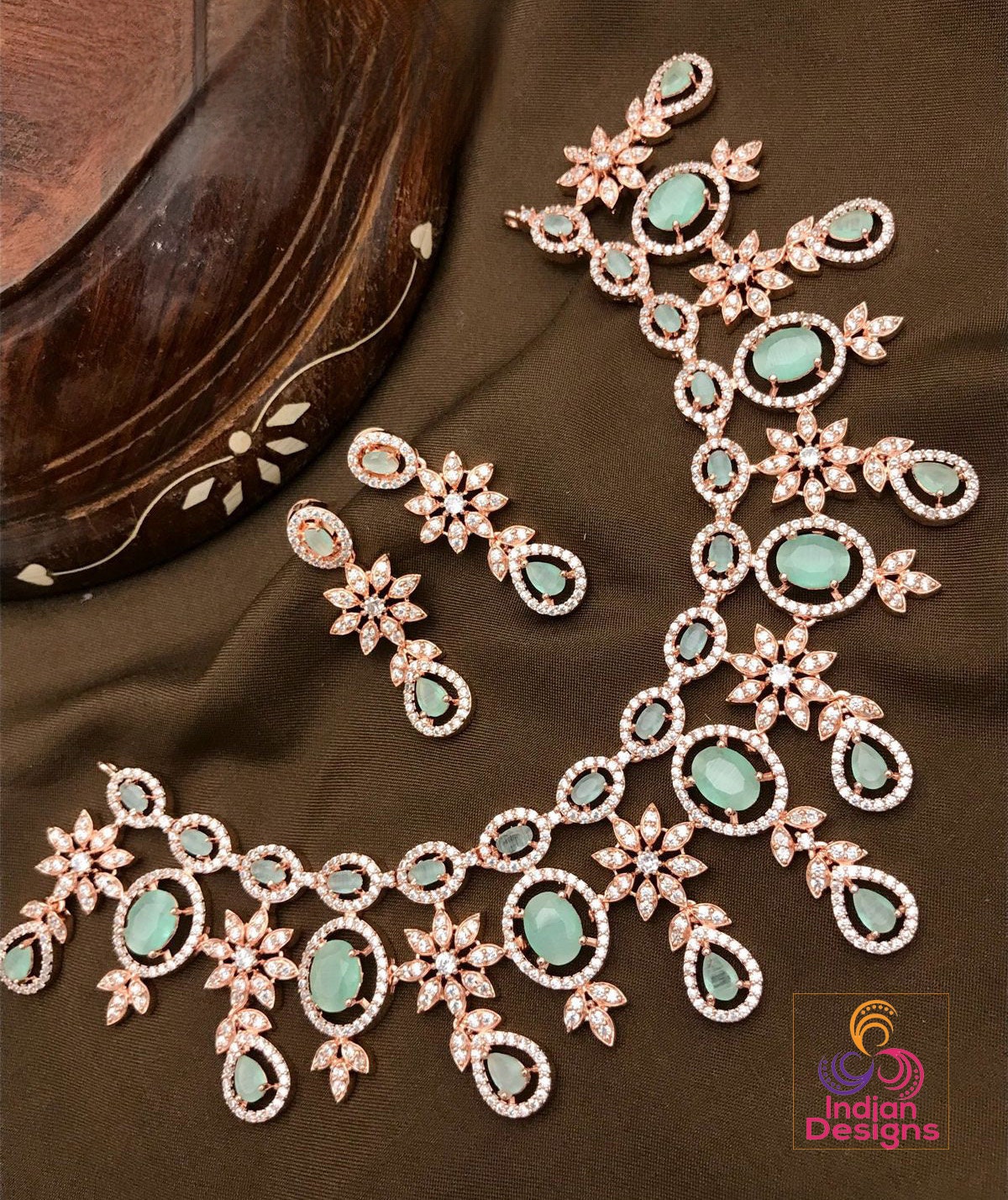 American Diamond Rose Gold Necklace Earrings Wedding Necklace set | Pink Cz Stone Indian Jewelry |Statement Necklace |Indian Designs Jewelry
