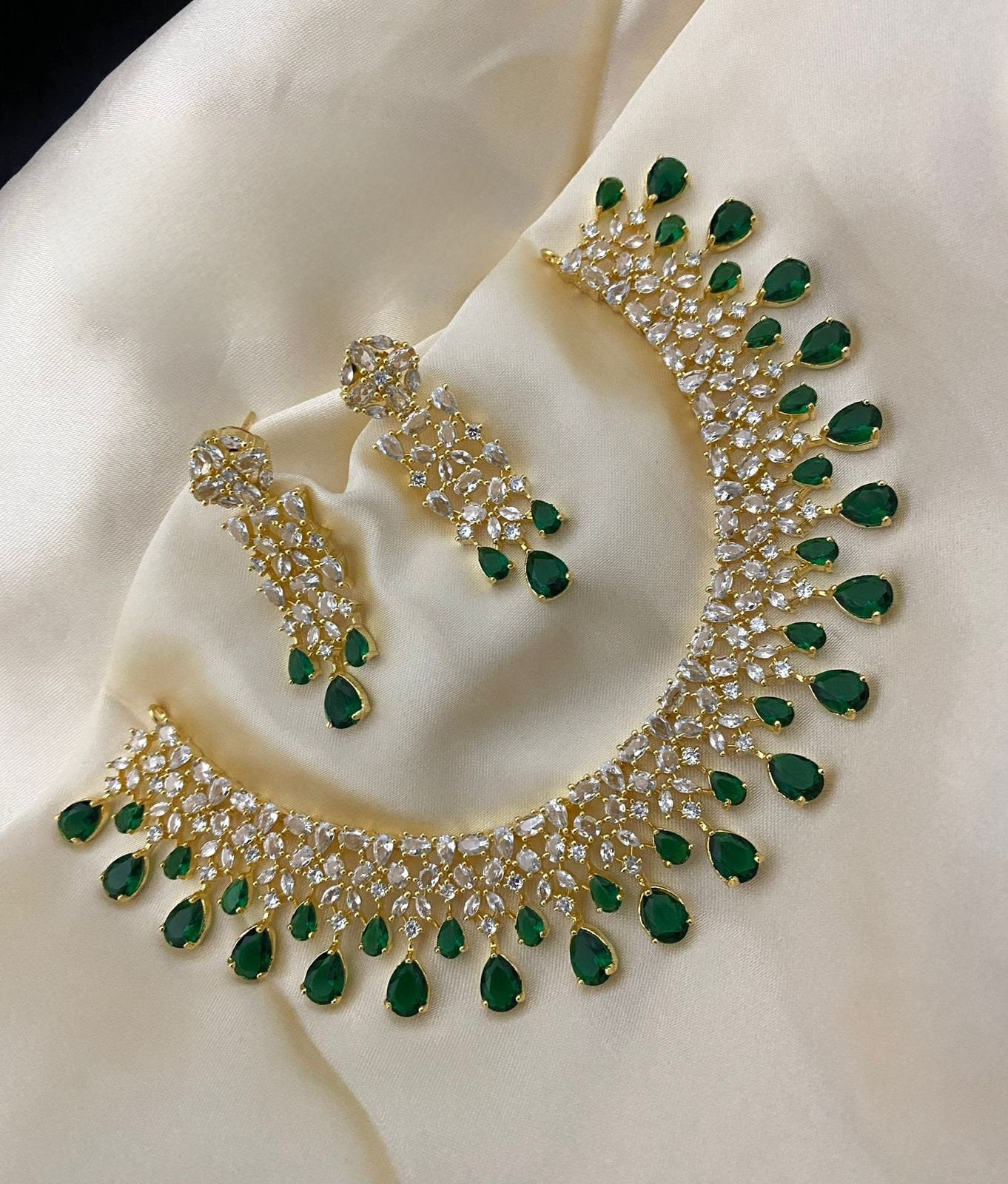 Mint green AD necklace and earrings |Gold Plated American diamond necklace | High Quality CZ Diamonds Mint Green stone Necklace Earrings Set
