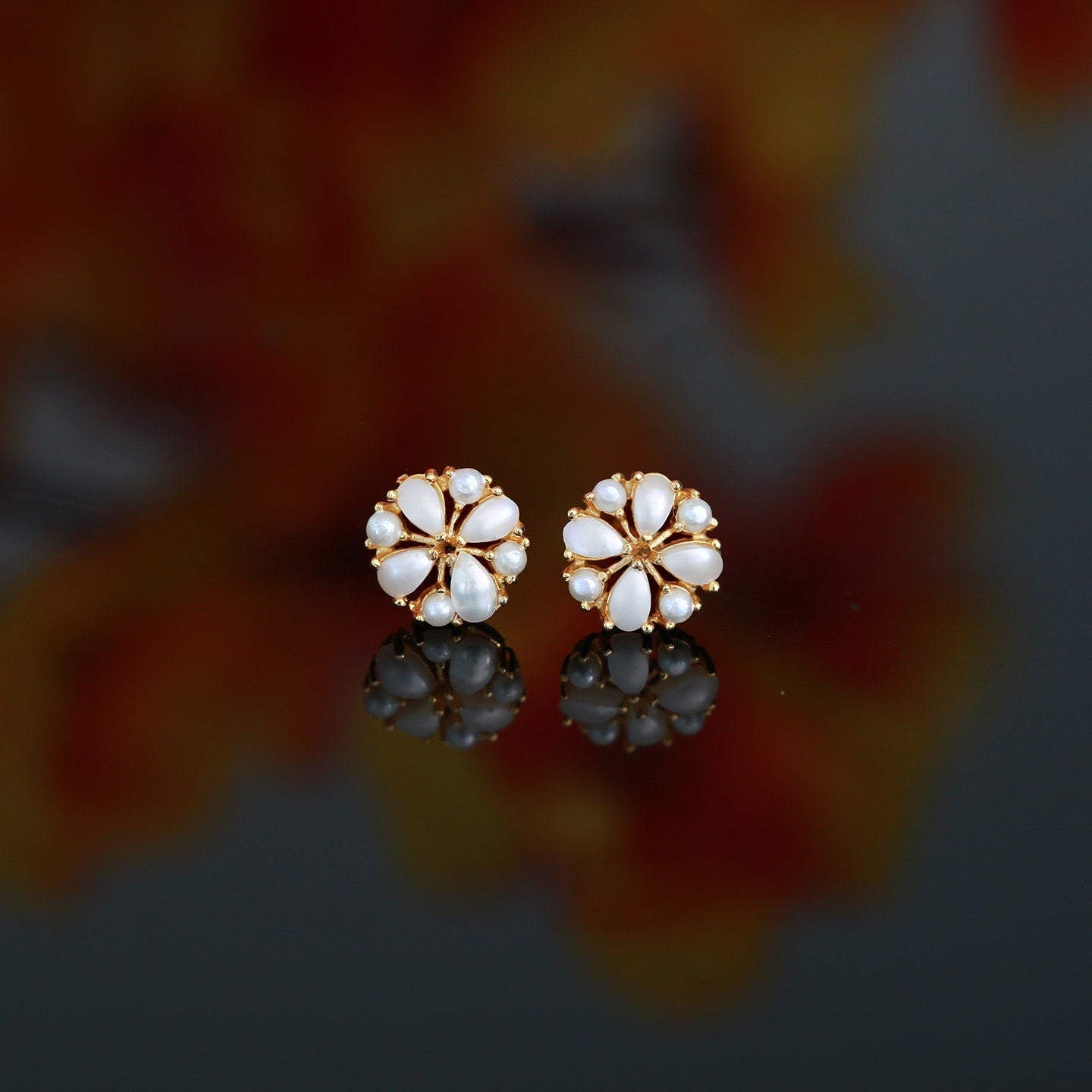 Pearl Flower Stud Earrings in Gold Setting | Real Pearl Stud Earrings 18K Gold Pearl Earrings tops |Trendy Stud earrings |Wedding Earrings