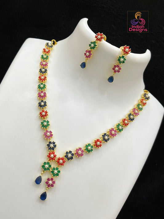 Elegant American Diamond Multicolor Gemstone Necklace Set with Earrings