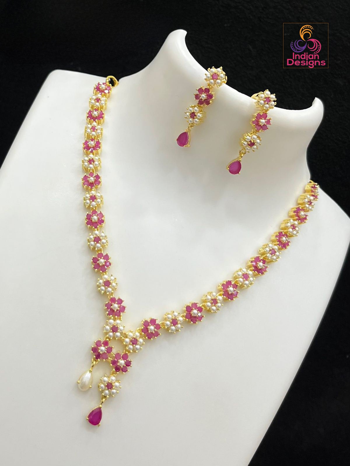 Elegant American Diamond Multicolor Gemstone Necklace Set with Earrings