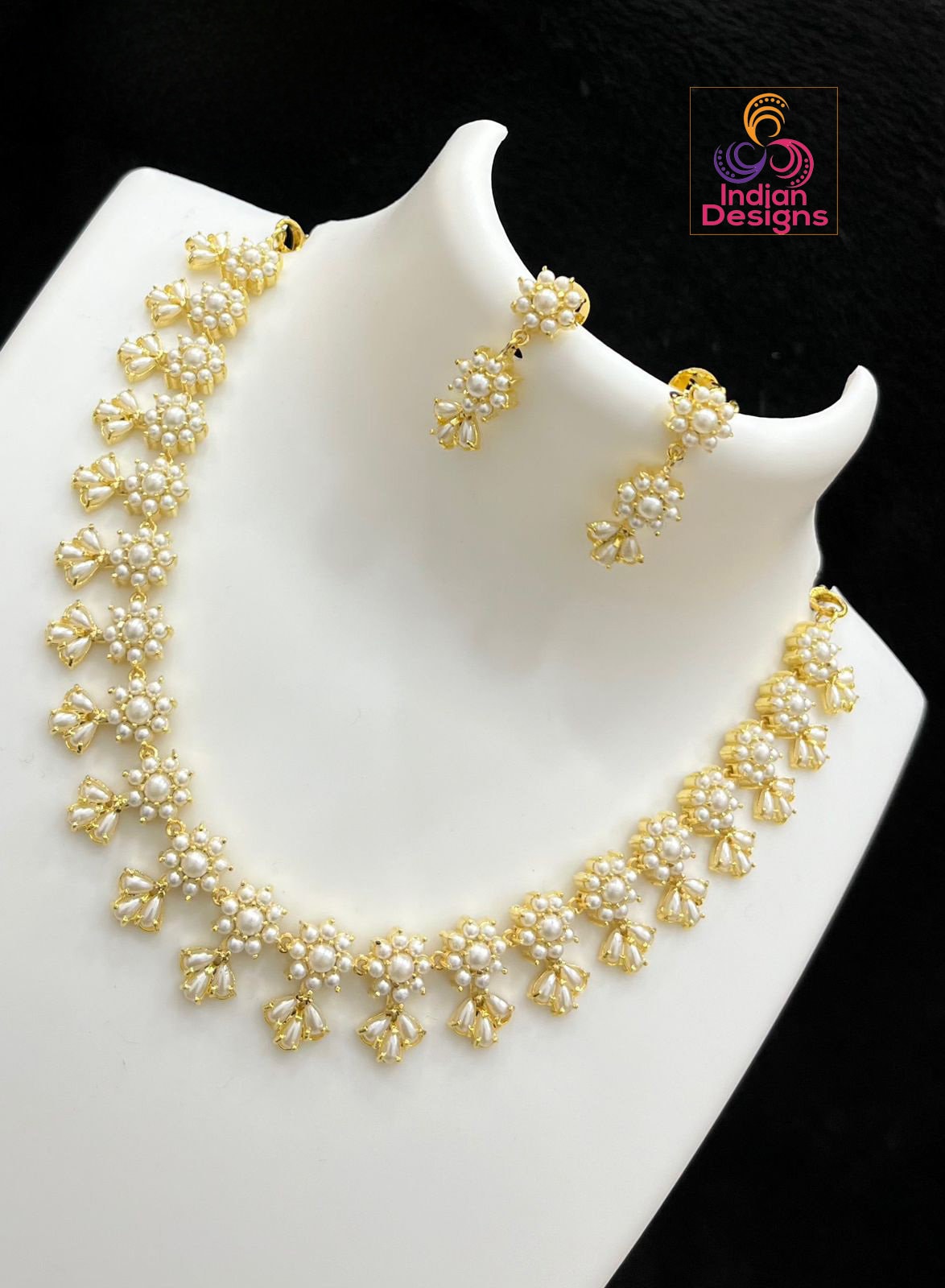 Gold Plated Exclusive Pearls,Red coral and American Diamond Floral motif Necklace Earring set|Indian Jewelry|Statement jewelry|Gift for her