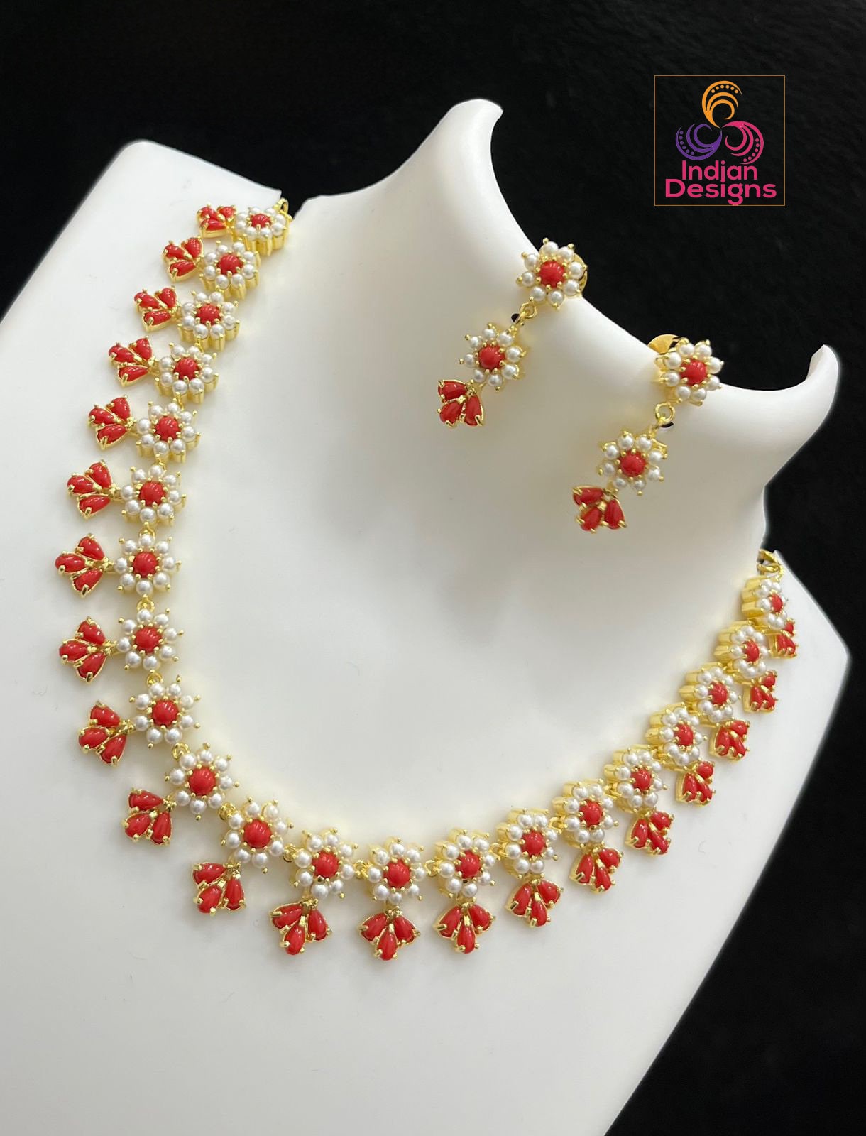 Gold Plated Exclusive Pearls,Red coral and American Diamond Floral motif Necklace Earring set|Indian Jewelry|Statement jewelry|Gift for her