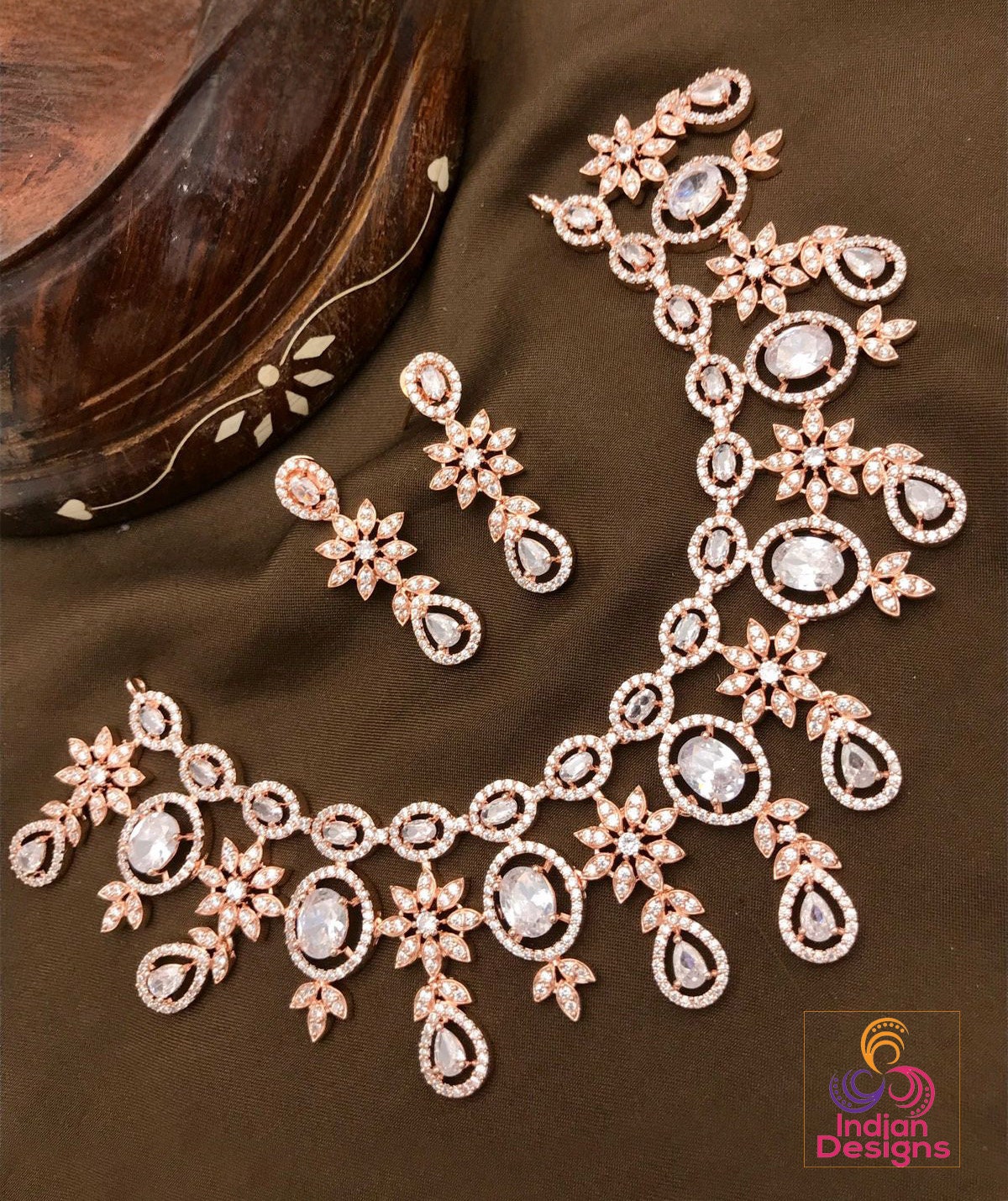American Diamond Rose Gold Necklace Earrings Wedding Necklace set | Pink Cz Stone Indian Jewelry |Statement Necklace |Indian Designs Jewelry