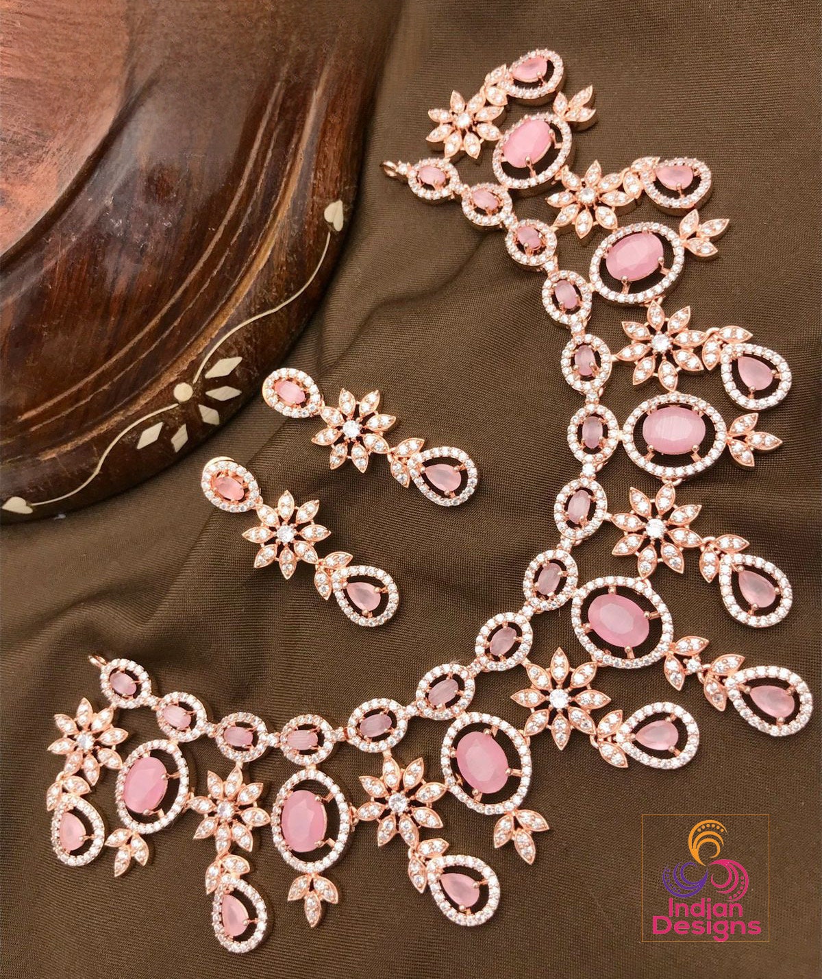 American Diamond Rose Gold Necklace Earrings Wedding Necklace set | Pink Cz Stone Indian Jewelry |Statement Necklace |Indian Designs Jewelry