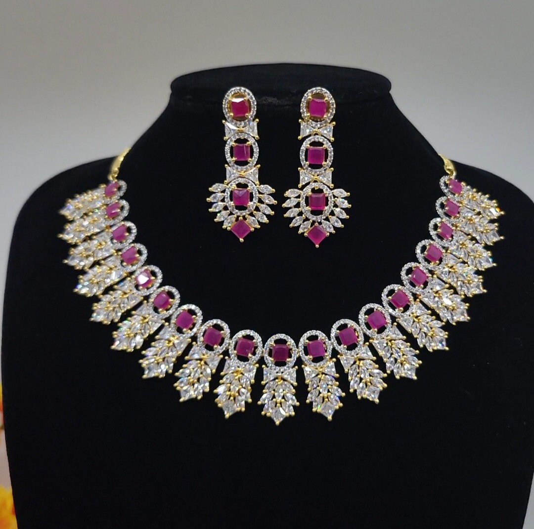 Exquisite Emerald Green & Crystal Necklace Set Bridal Statement Jewelry| Gold plated American Diamond Wedding choker necklace with Earrings