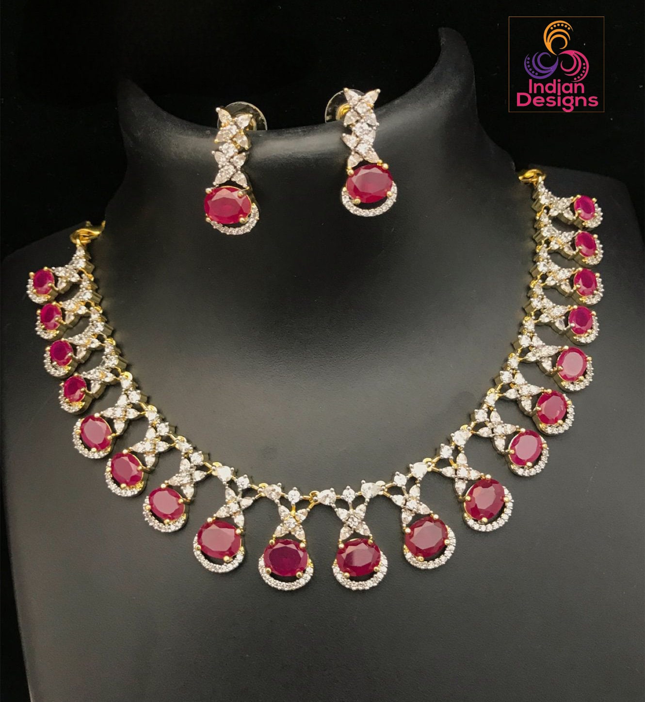 Gold Plated American Diamond Crystal Necklace & Earrings|Cubic Zirconia Ruby/Emerald Oval stone choker Necklace|Gift for her |Indian Designs