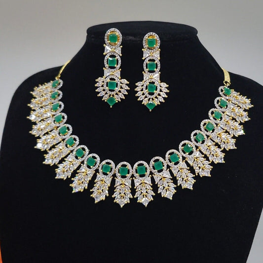 Exquisite Emerald Green & Crystal Necklace Set Bridal Statement Jewelry| Gold plated American Diamond Wedding choker necklace with Earrings