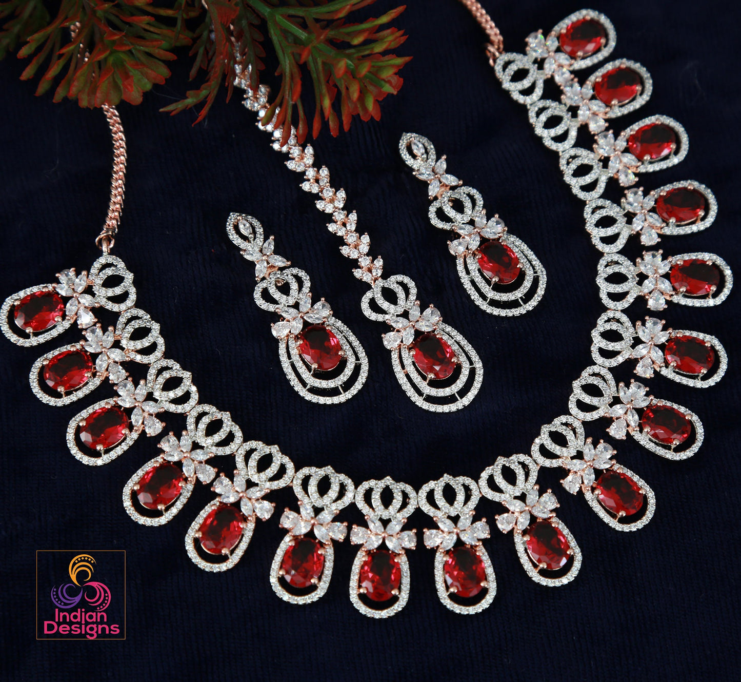 Rose Gold American Diamond CZ Necklace Set| Luxury Bridal & Formal Wear Jewelry|Statement Necklace|Bollywood style Wedding Necklace Earrings