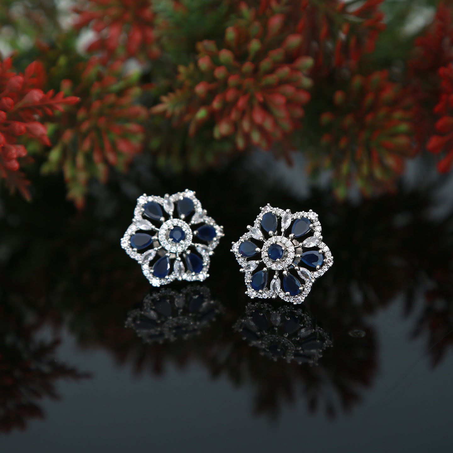 Big Size CZ Silver Plated American Diamond flower shape stud earrings | Color stone Stud Earrings | Rhodium Plated Silver tops |Gift for her
