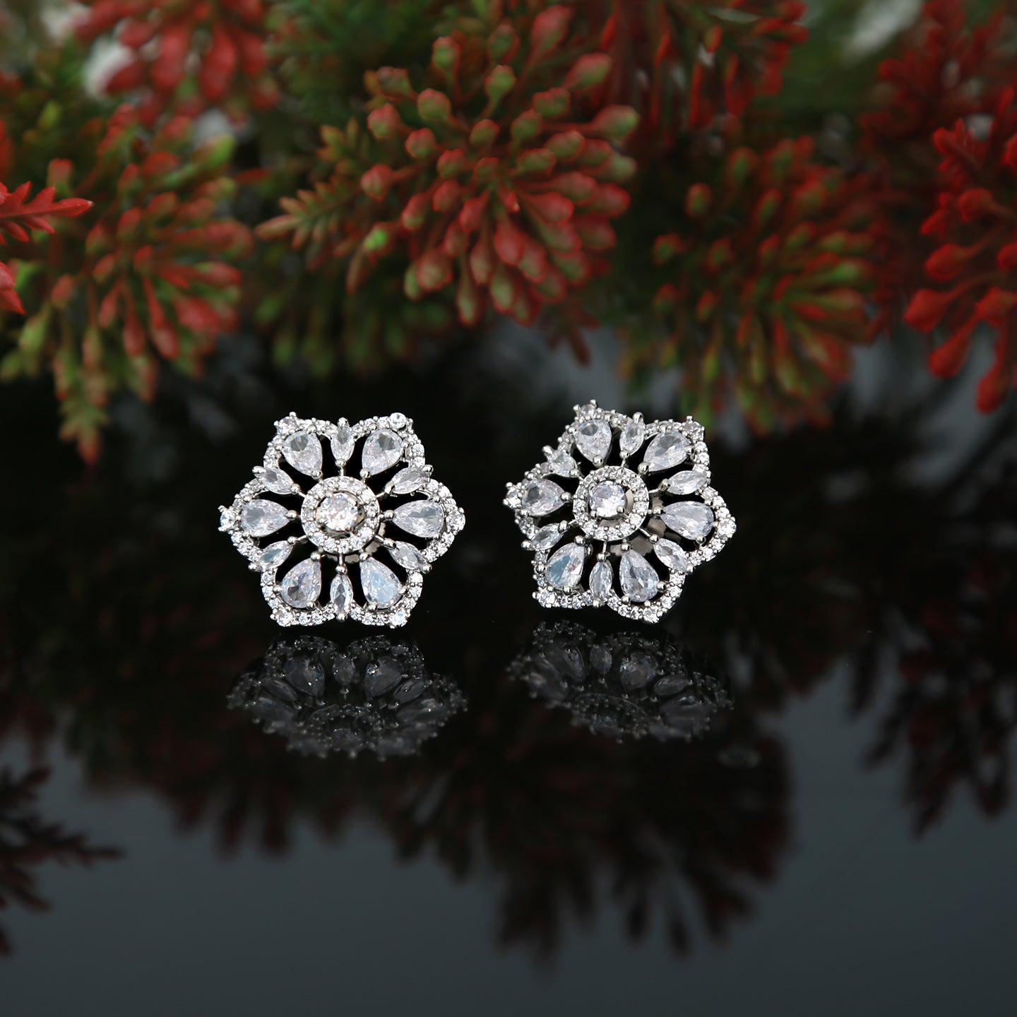 Big Size CZ Silver Plated American Diamond flower shape stud earrings | Color stone Stud Earrings | Rhodium Plated Silver tops |Gift for her