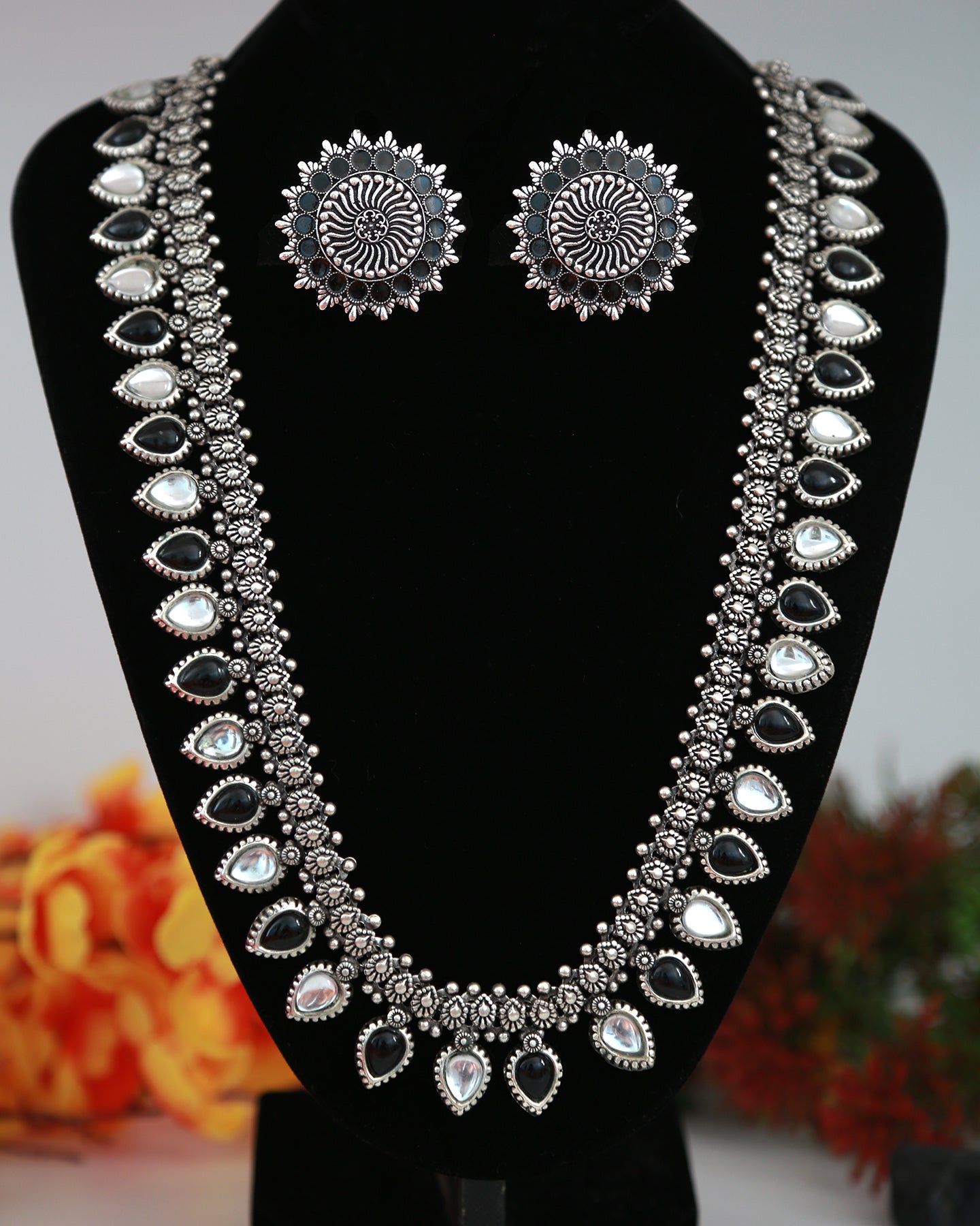 High Quality German Silver Oxidized Long Necklace Jewelry set | Indian Bollywood Necklace | Antique Silver Long Necklace