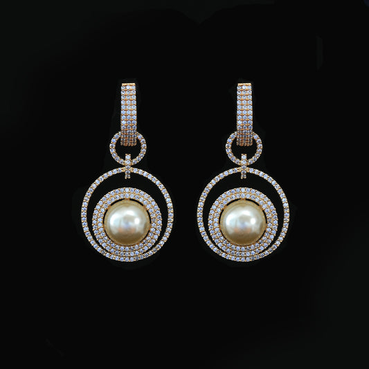 18K Gold Color Fancy Pearl Drop CZ Diamond Earrings | American Diamond Wedding Earrings | Circle Earrings with Pearl & CZ stones