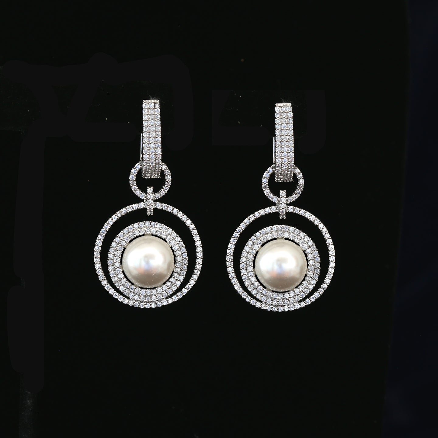 18K Gold Color Fancy Pearl Drop CZ Diamond Earrings | American Diamond Wedding Earrings | Circle Earrings with Pearl & CZ stones