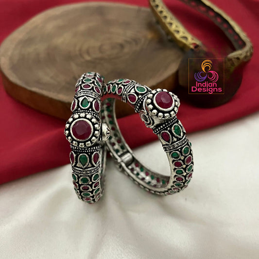 Pair of Oxidized Silver Openable Kada-Bracelet size 2.6 | Antique style Multicolor Stone German Silver bangles |Indian Jewelry |Gift for her