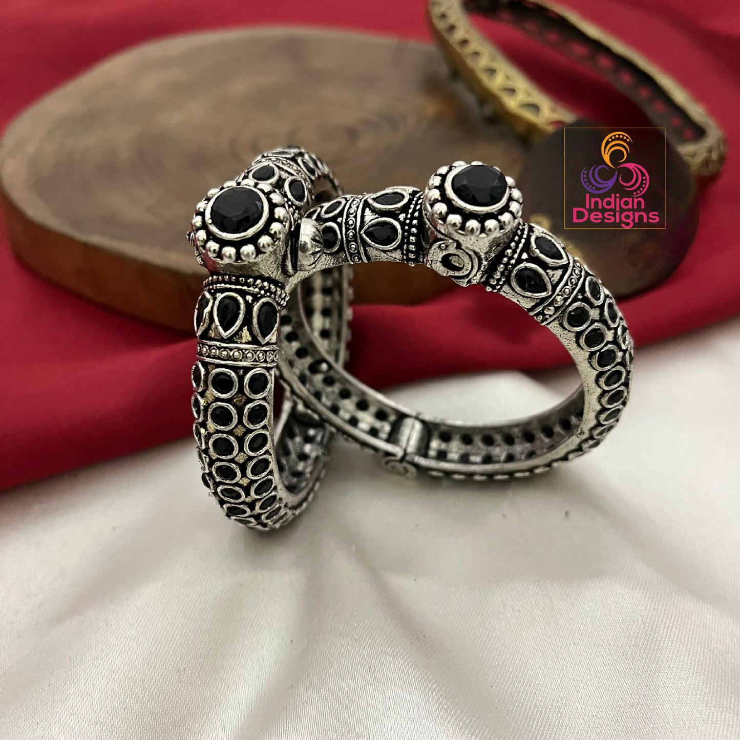 Pair of Oxidized Silver Openable Kada-Bracelet size 2.6 | Antique style Multicolor Stone German Silver bangles |Indian Jewelry |Gift for her