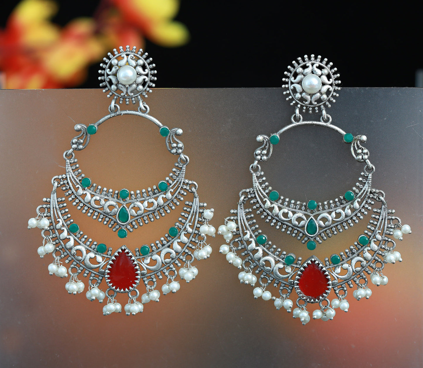 German Silver Chandbali Earrings | Light Weight Oxidized silver Chandbali Earrings | chandbali earrings with pearl drop