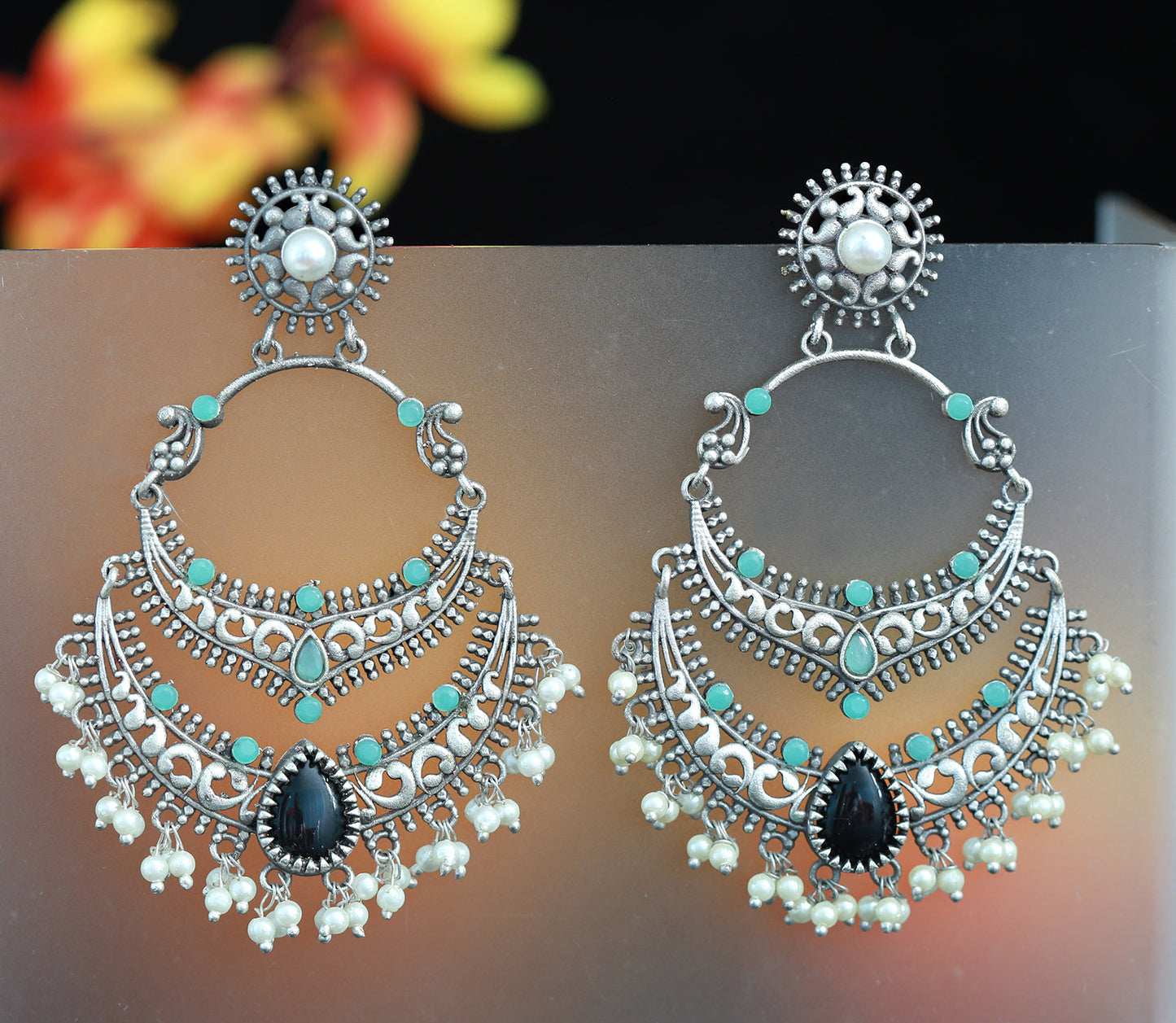 German Silver Chandbali Earrings | Light Weight Oxidized silver Chandbali Earrings | chandbali earrings with pearl drop