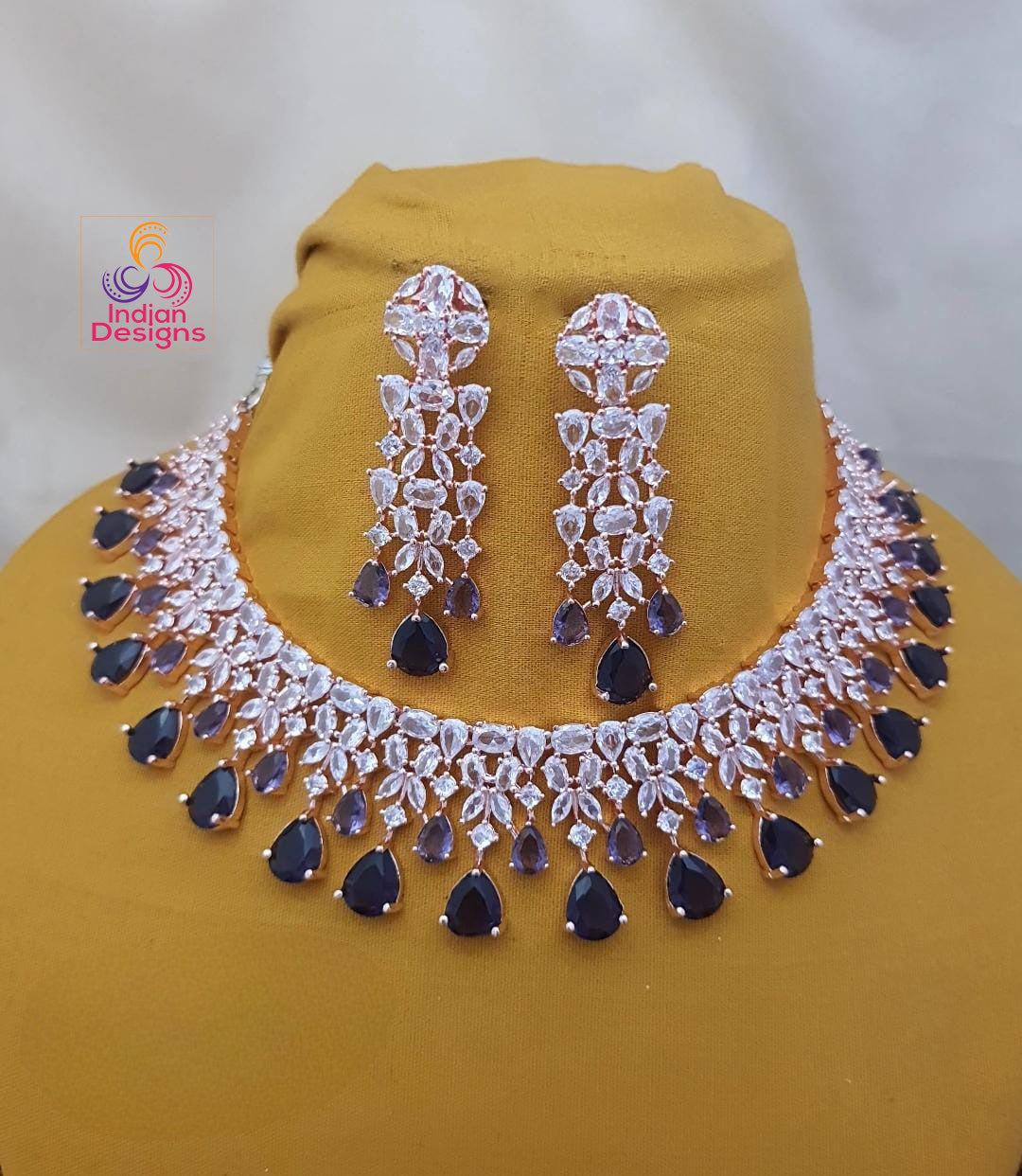 Rose gold Blue Sapphire American diamond necklace|High Quality Cz Diamonds Mint Green stone Necklace Earrings Set|Indian WeddingJewelry| Gift for her