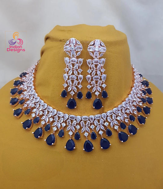 Rose gold Blue Sapphire American diamond necklace|High Quality Cz Diamonds Mint Green stone Necklace Earrings Set|Indian WeddingJewelry| Gift for her