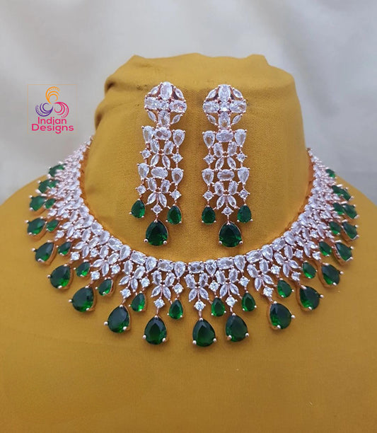 Rose gold Emerald Green American Diamond necklace|High Quality Cz Diamonds Mint Green stone Necklace Earrings Set|Indian WeddingJewelry| Gift for her