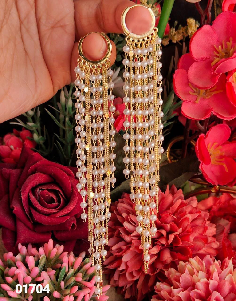 Faux Pearl Dangle long drop hoop Fringe Tassel Earrings gold tone, Seed Pearl beads gold chain tassel Earrings for women