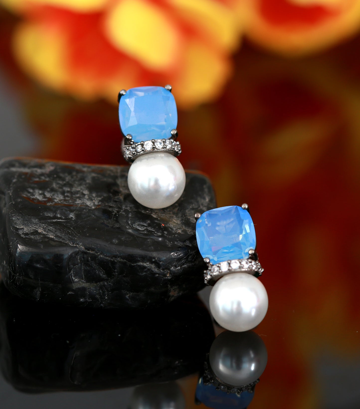 Exclusive Blue CZ stone Pearl Stud Earrings | Silver tops