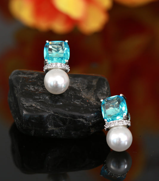Fresh water Pearl Silver stud Earrings with sky blue American Diamond Cz stone