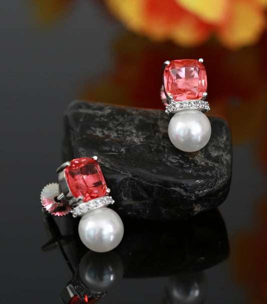 Fresh water Pearl Silver small stud Earrings with Coral Pink American Diamond Cz stone