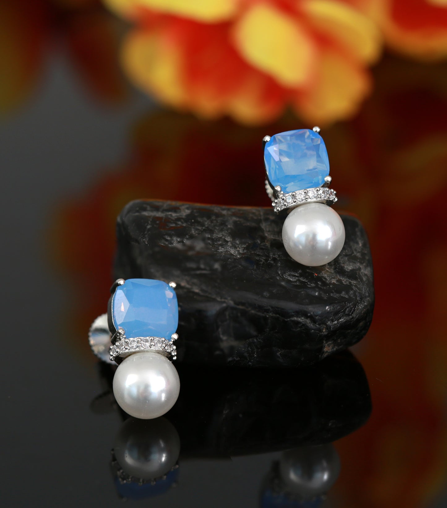 Exclusive Blue CZ stone Pearl Stud Earrings | Silver tops