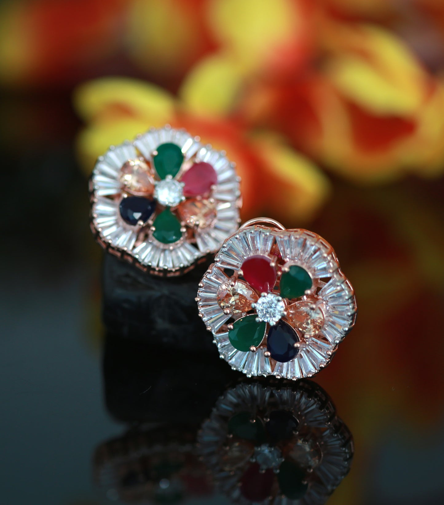 Rose Gold flower stud Crystal earrings |  Big Ad stud  CZ stones earrings | Plated American Diamond stud Earrings | Bollywood style CZ Studs