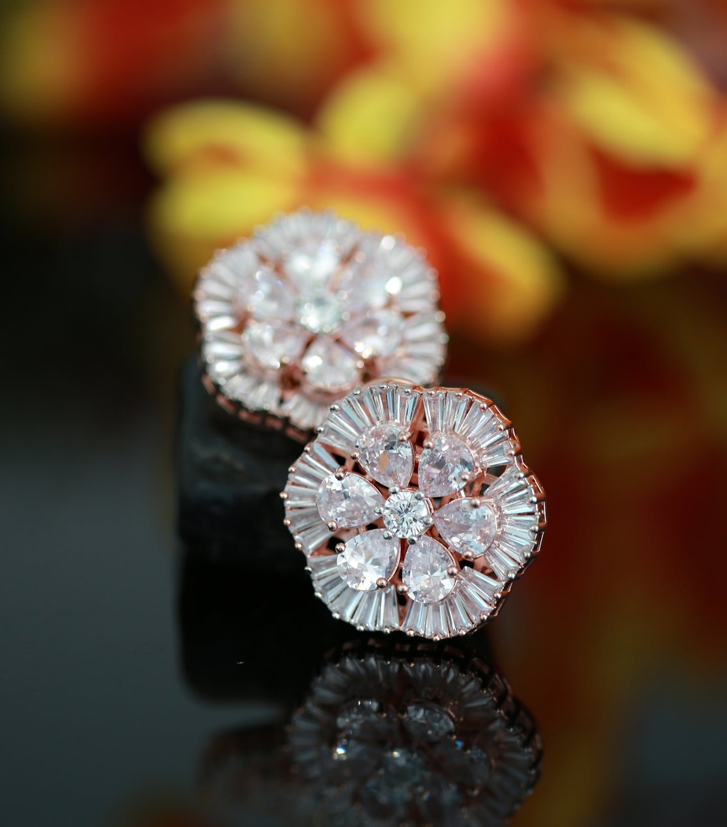 Rose Gold flower stud Crystal earrings |  Big Ad stud  CZ stones earrings | Plated American Diamond stud Earrings | Bollywood style CZ Studs