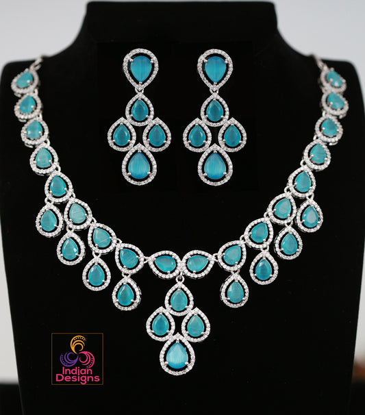 IndianDesigns CZ Stone Silver American Diamond Necklace Earrings| cz jewellery bridal set| Light blue necklace and earring set| Wedding jewelry