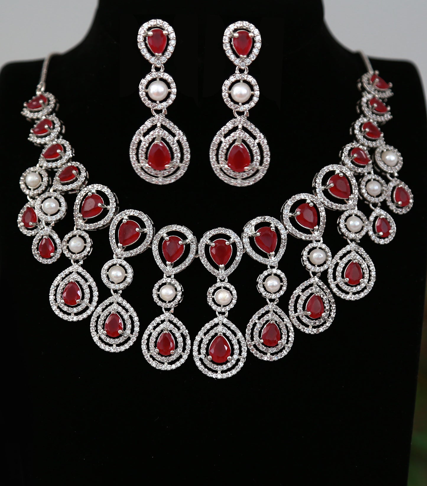 American Diamond Silver necklace with Tear-Drop CZ Blue stone| Indian wedding Jewelry|Pakistani jewelry| Bollywood style Bridal Necklace