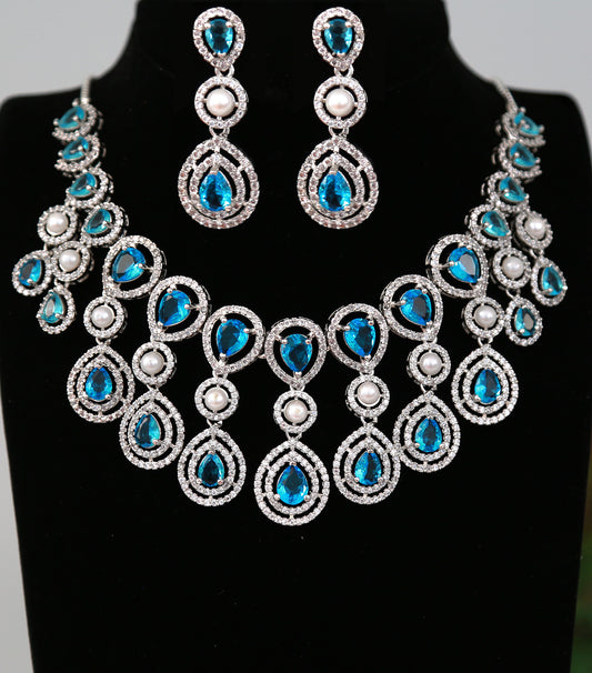 American Diamond Silver necklace with Tear-Drop CZ Blue stone| Indian wedding Jewelry|Pakistani jewelry| Bollywood style Bridal Necklace
