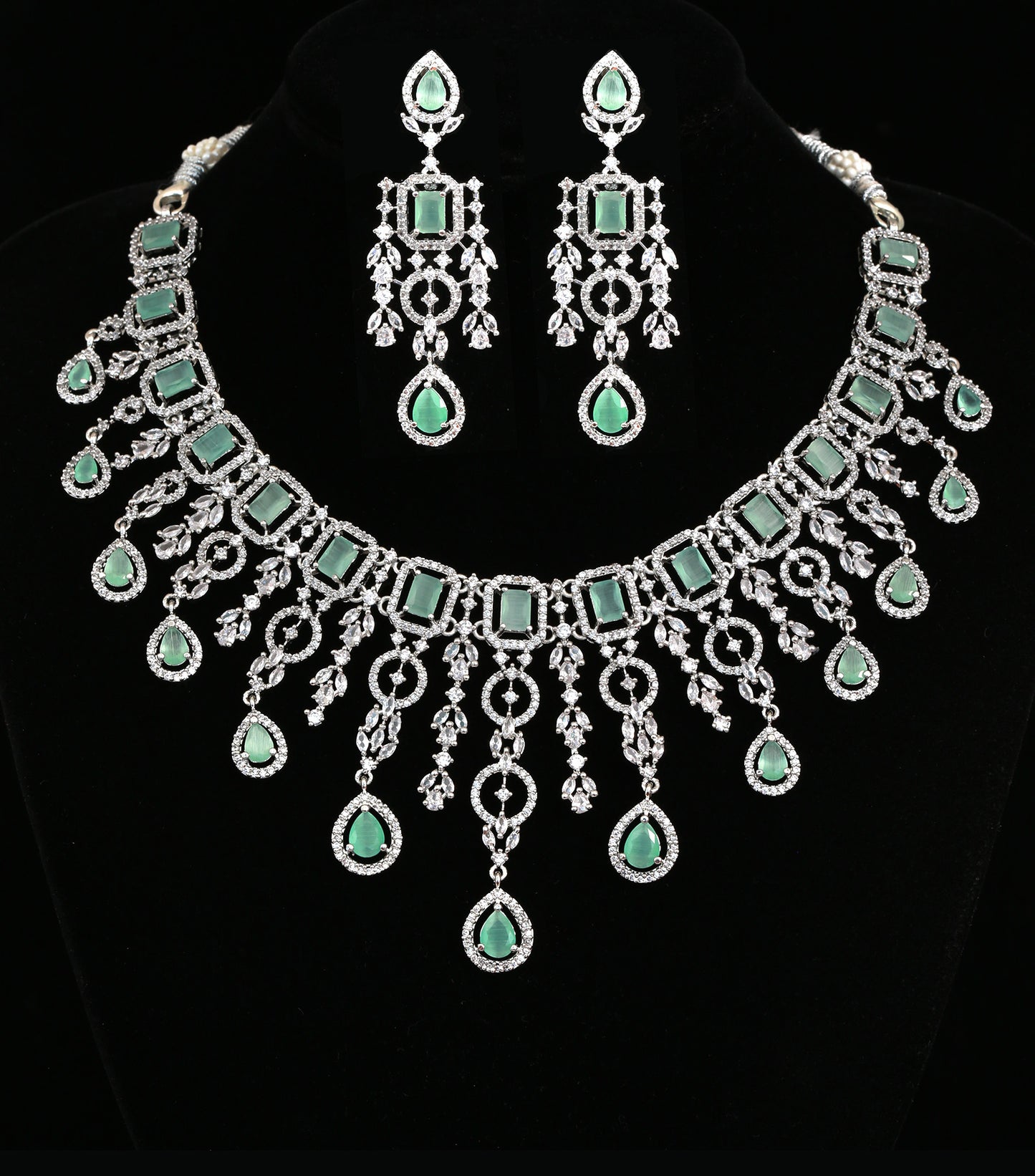 American Diamond Silver Wedding Necklace Earring set | Pink CZ Stone Indian Jewelry | Mint Green Statement Necklace | Indian Designs Jewelry