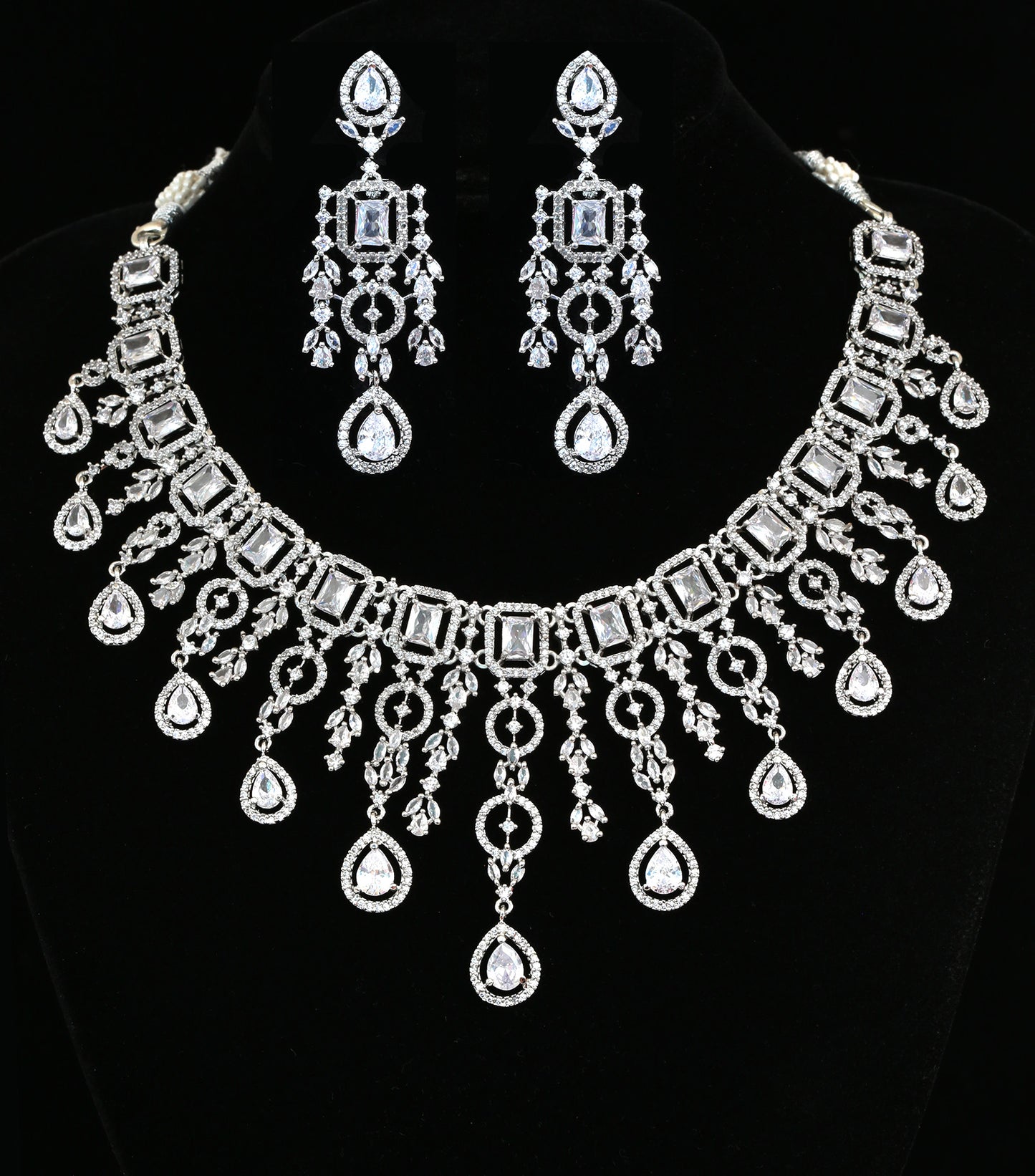 American Diamond Silver Wedding Necklace Earring set | Pink CZ Stone Indian Jewelry | Mint Green Statement Necklace | Indian Designs Jewelry