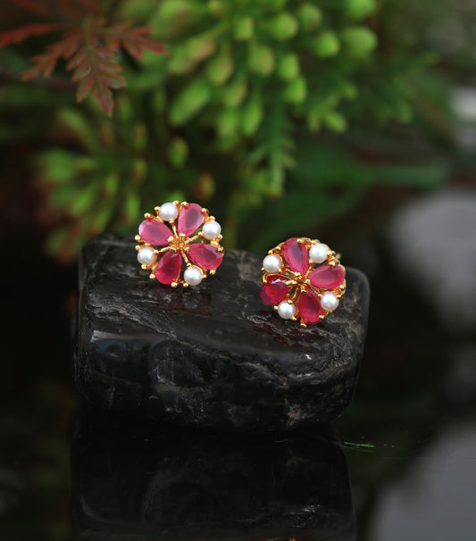CZ Ruby stone small stud tops in floral design |Stud Earrings