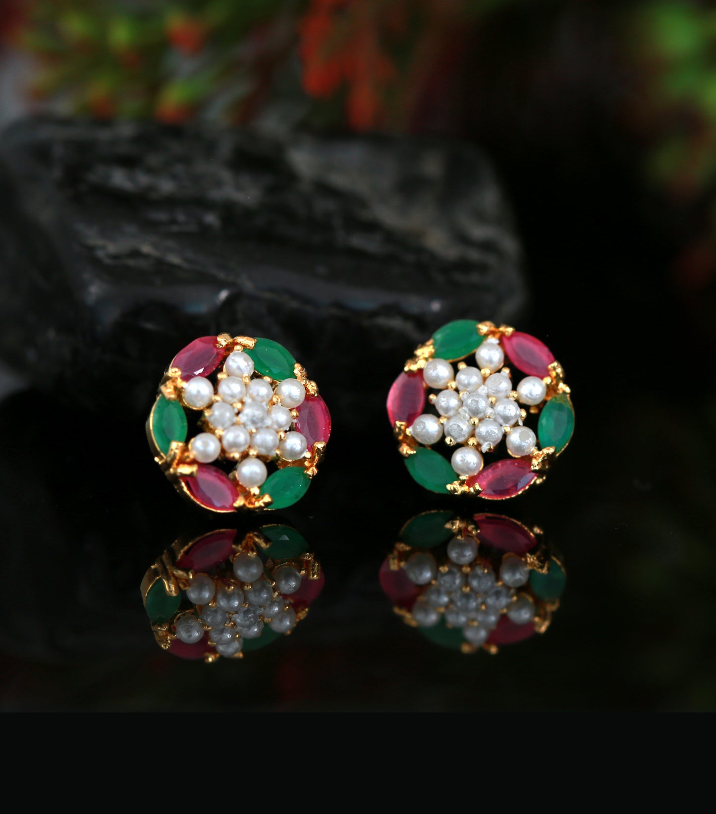 Pearl cluster cz Ruby Emerald Floral stud Earrings-top, Crystal Stud color Earrings, Perfect gift for her