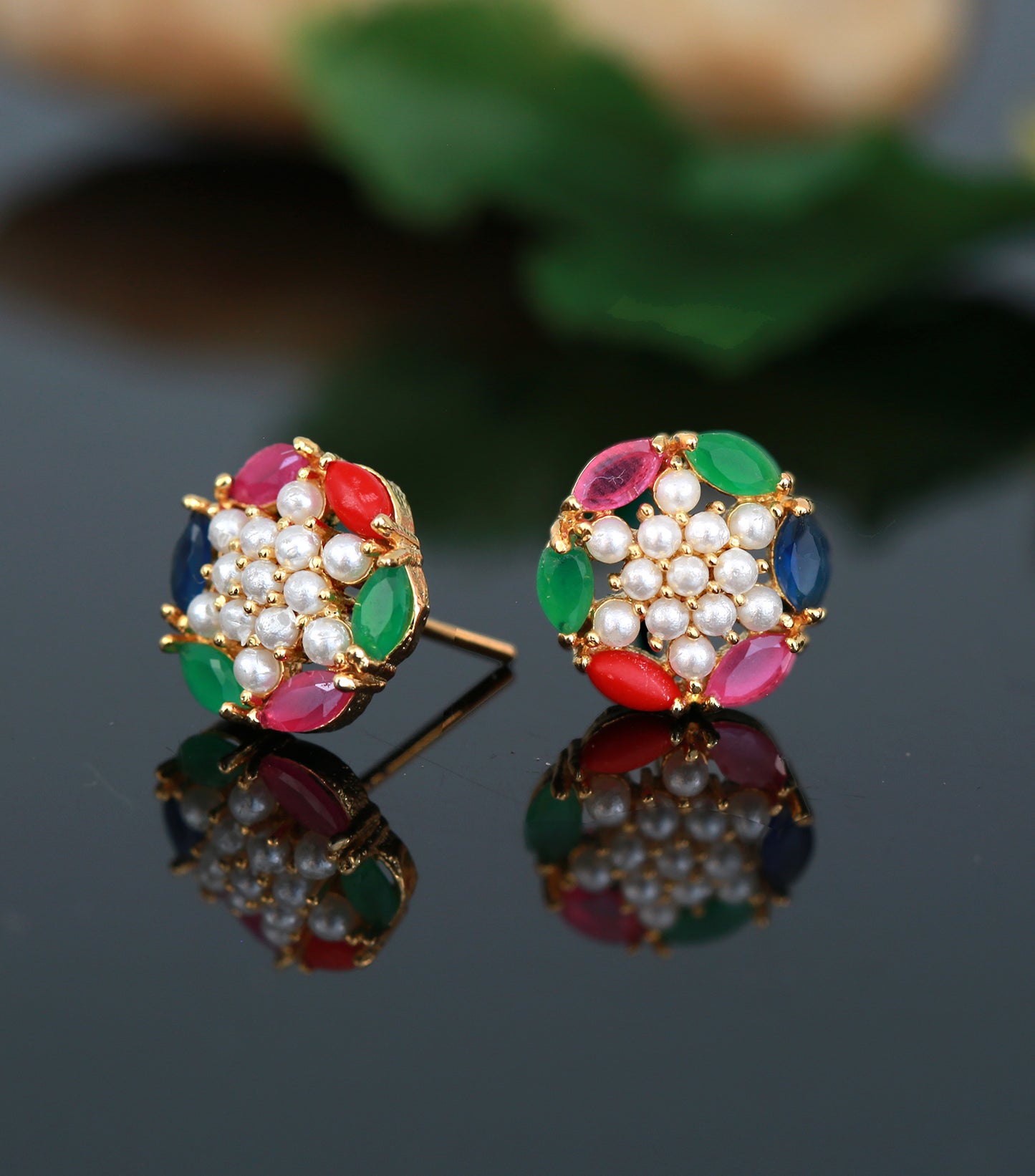 Ruby emerald and sapphire blue stone floral pearl studs for women