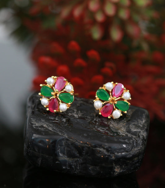 Small stud earrings with pear cut ruby, emerald and pearl