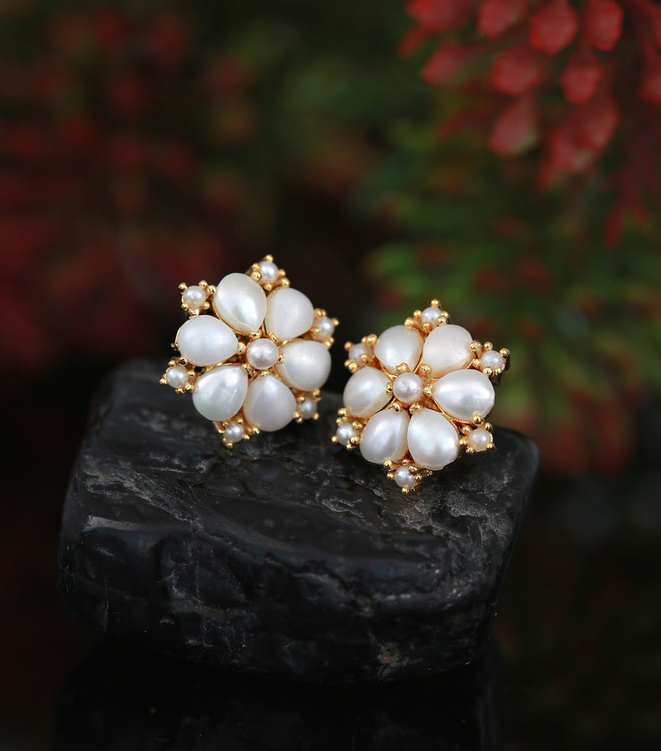 Real Pearl Stud Earrings Floral design