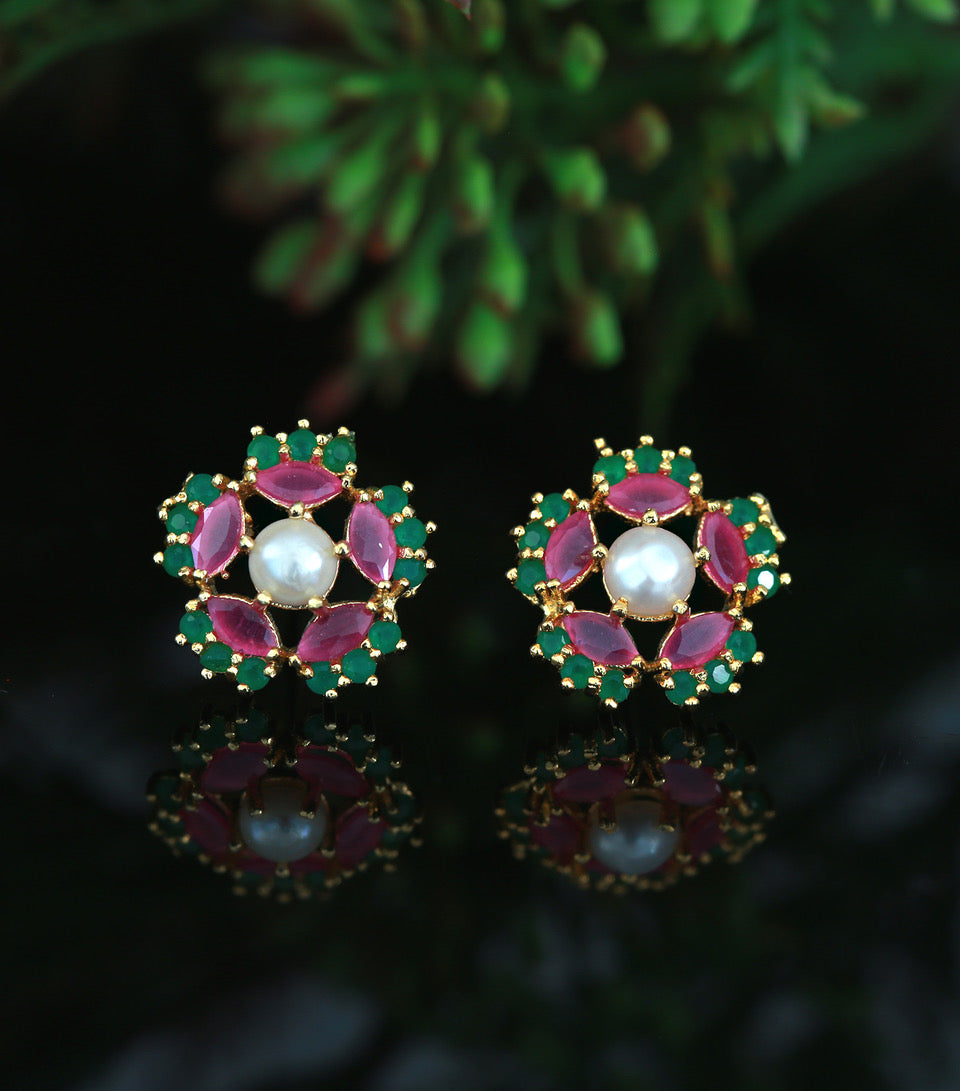 Pearl Ruby Emerald Floral stud Earrings-top