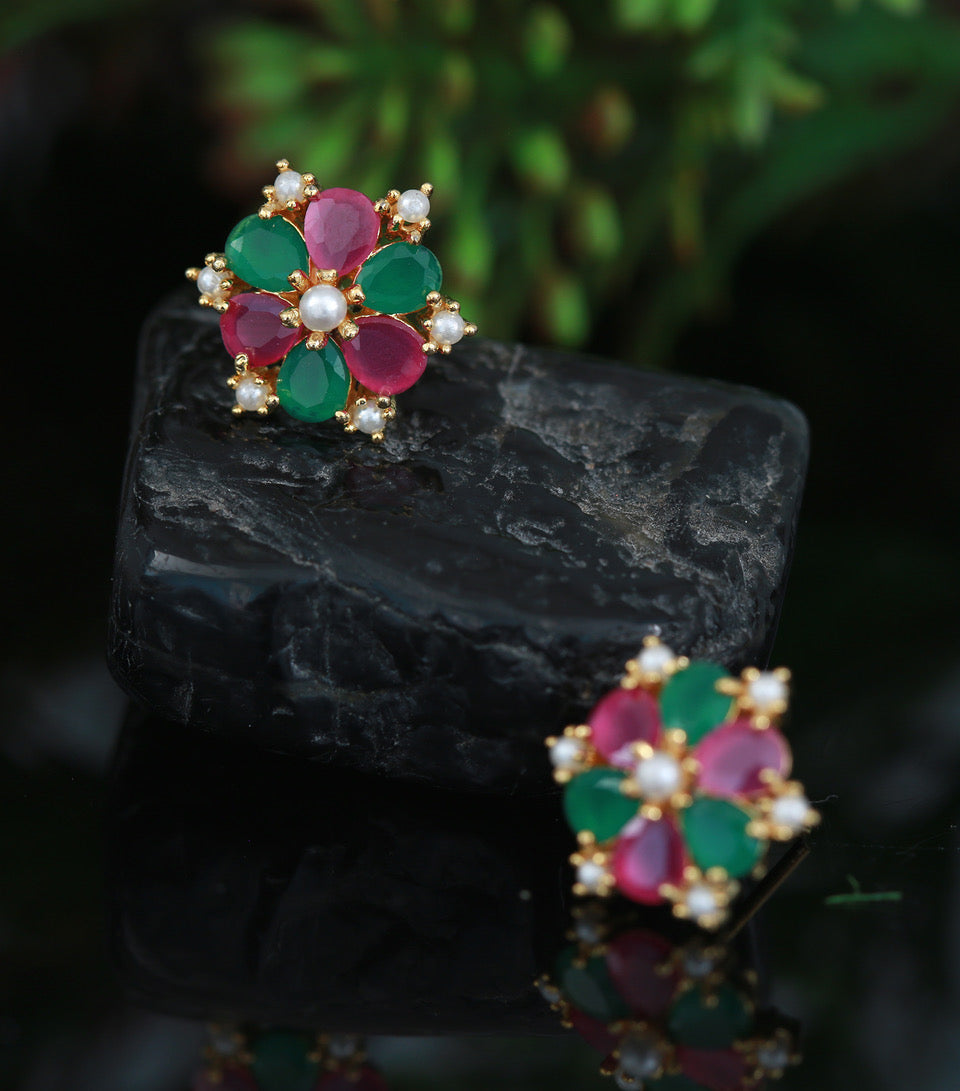 Gold Plated Ruby Emeral floral pearl studs, Earring tops