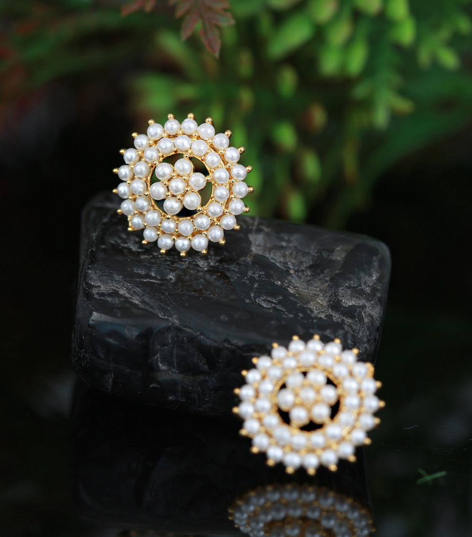 Pearl Flower Studs, Goldb Floral white genuine Pearl Stud Earrings