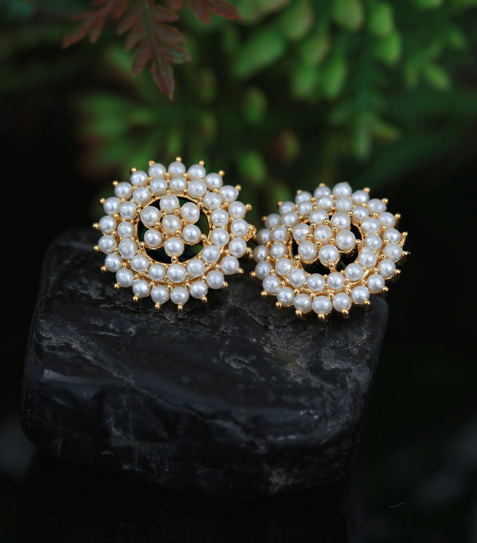 Pearl Flower Studs, Goldb Floral white genuine Pearl Stud Earrings