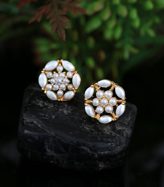 Gold plated floral pearl stud earrings, Bridal Pearl tops, boho jewelry, Perfect gift for her
