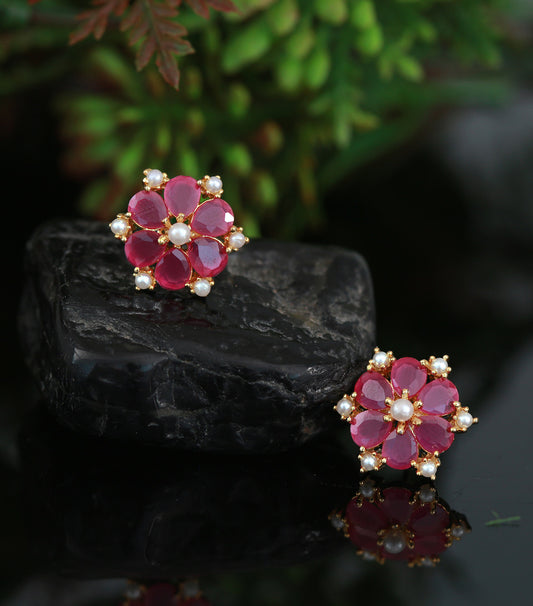 Real Pearl and ruby stone tops in floral design|Stud Earrings